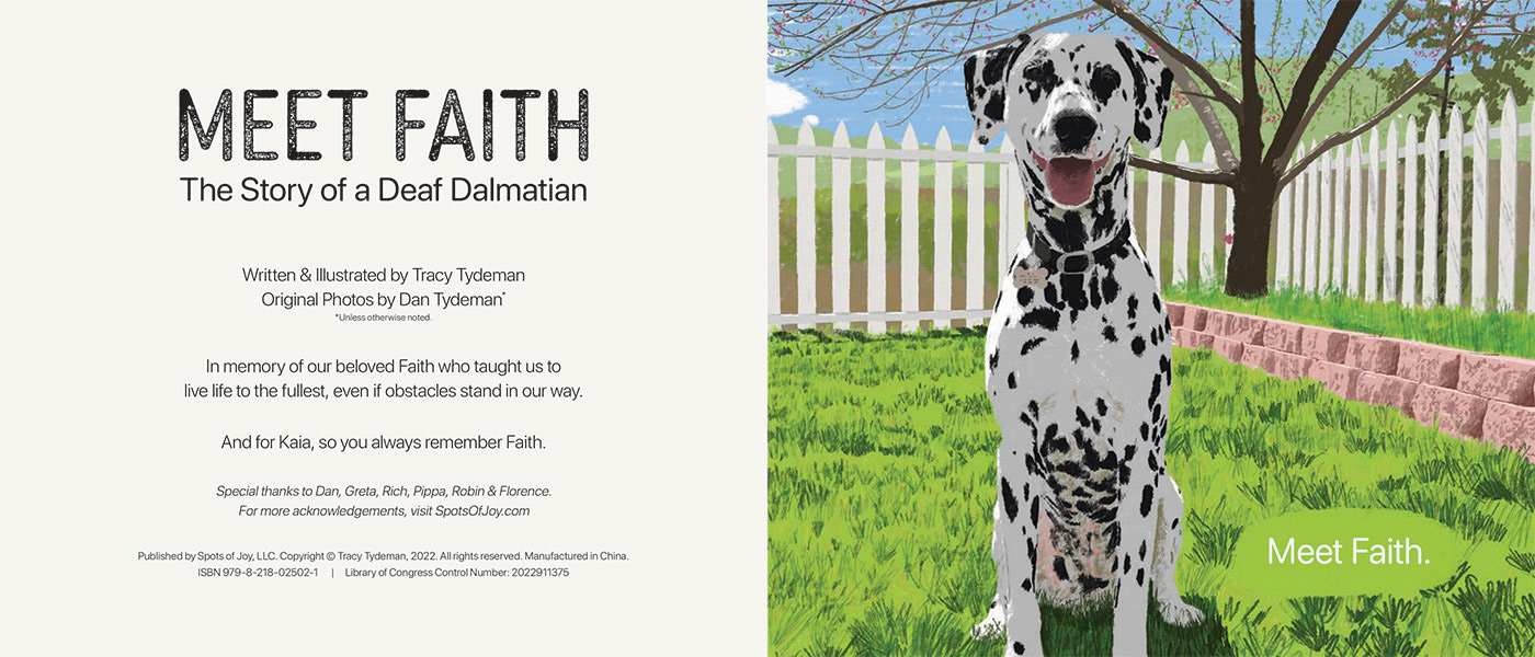 Meet Faith Inside Cover Page and First Page Showing Faith Sitting in a Yard