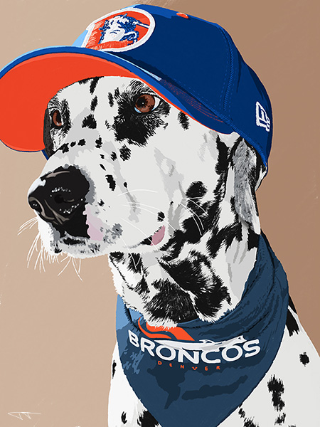 Detailed Illustration of a Dalmatian in Broncos Attire