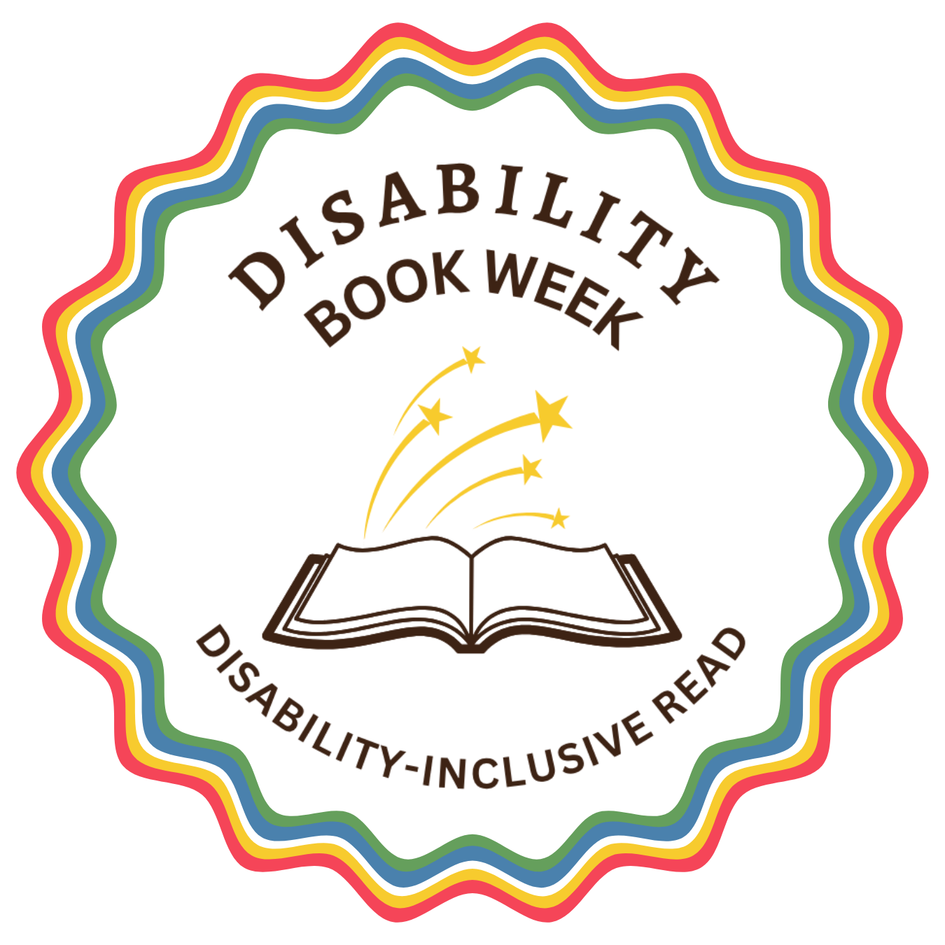 Disability Book Week badge with icon of an open book with stars coming out of it. Includes "Disability-Inclusive Read" text.