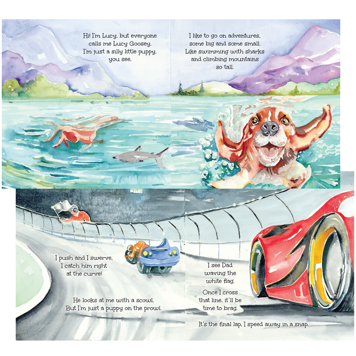Interior pages of board book. One spread with text and a painting of a dog swimming in a mountain lake and the other of a dog racing a car on a race track.