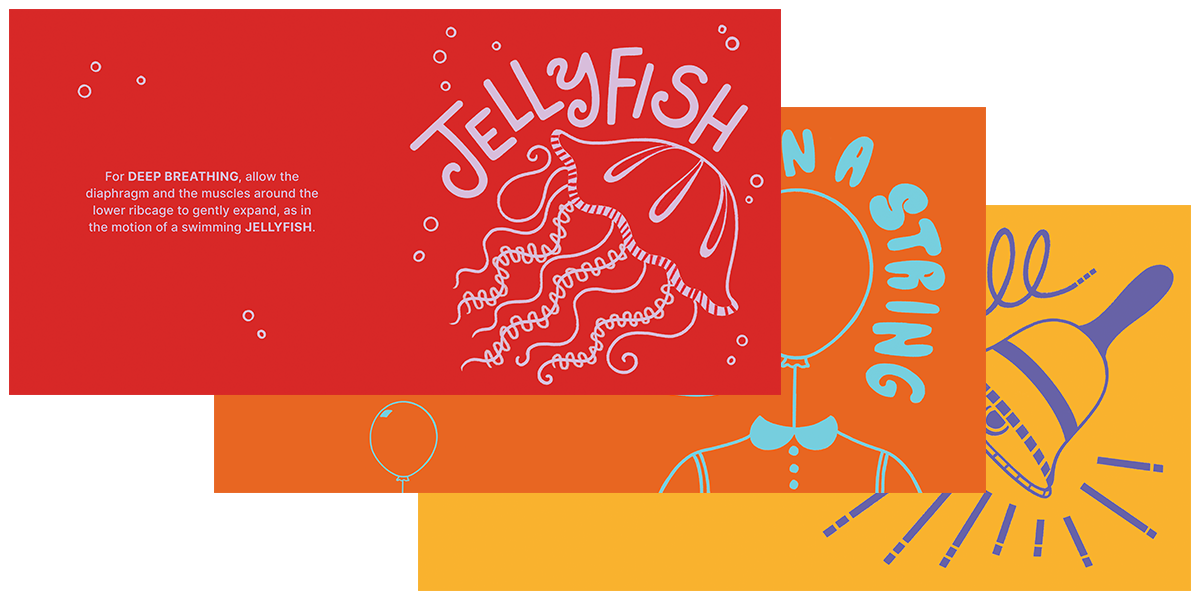 Spots-of-Joy-Rainbow-Road-Board-Book-SPREADS Image showing 3 page spreads from the book. Pages are red, orange and yellow with an illustration on the right and text on the right. The main image is of a jellyfish and talks about deep breathing.